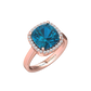 Nova cushion shaped London Blue Topaz ring with a halo of diamonds Gardiner Brothers Rose Gold