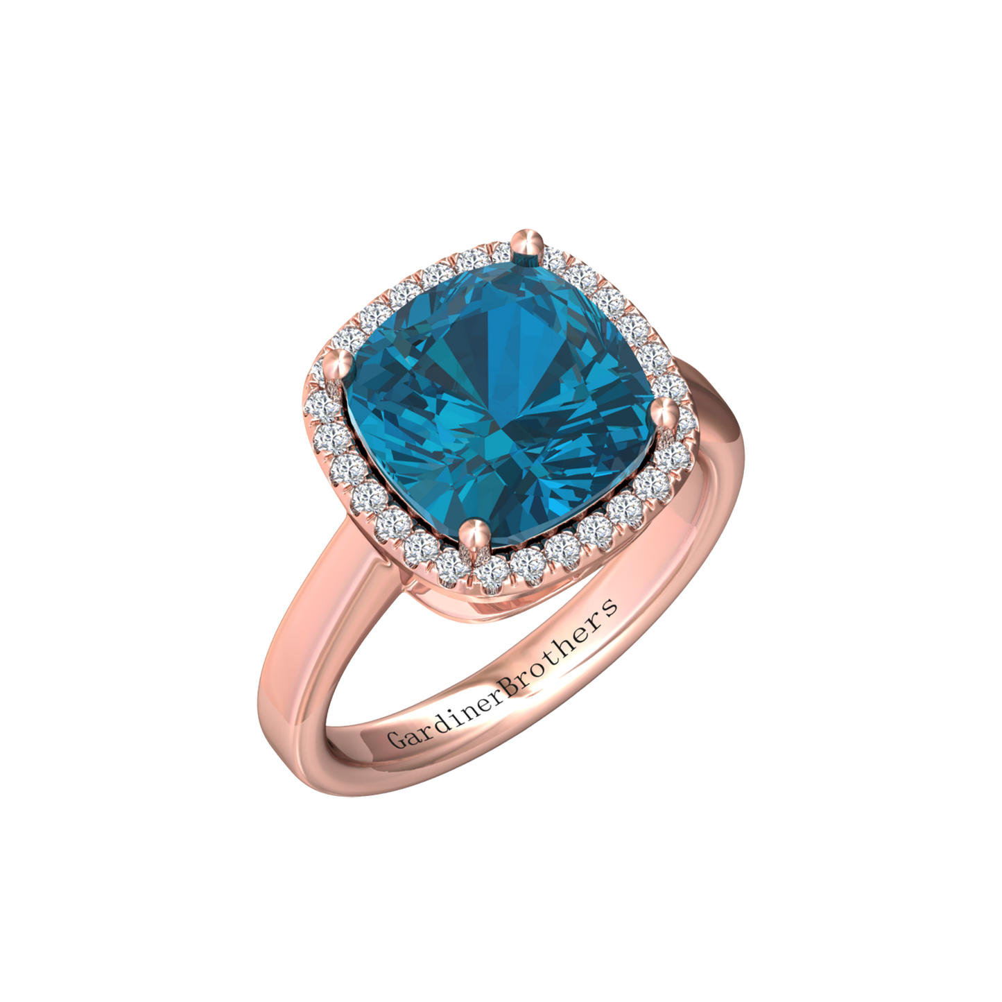 Nova cushion shaped London Blue Topaz ring with a halo of diamonds Gardiner Brothers Rose Gold