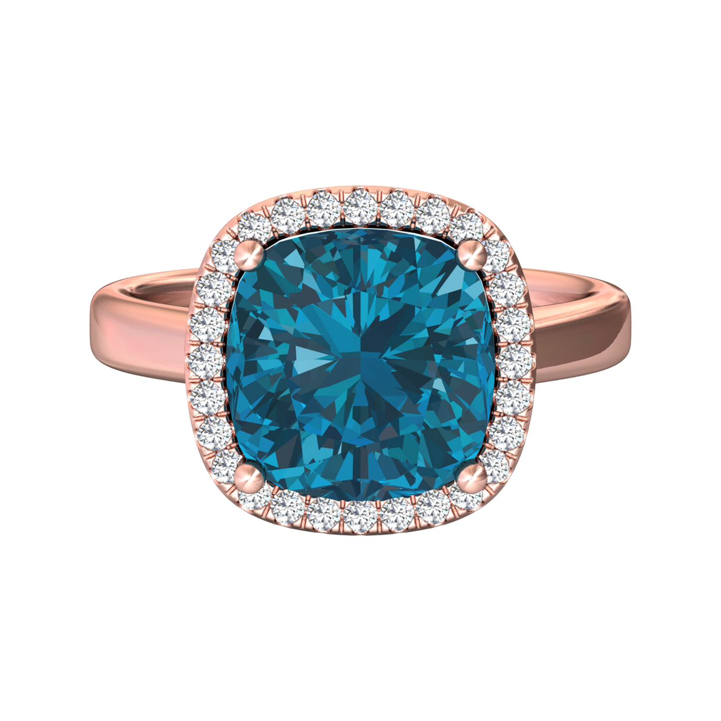 Nova cushion shaped London Blue Topaz ring with a halo of diamonds Gardiner Brothers