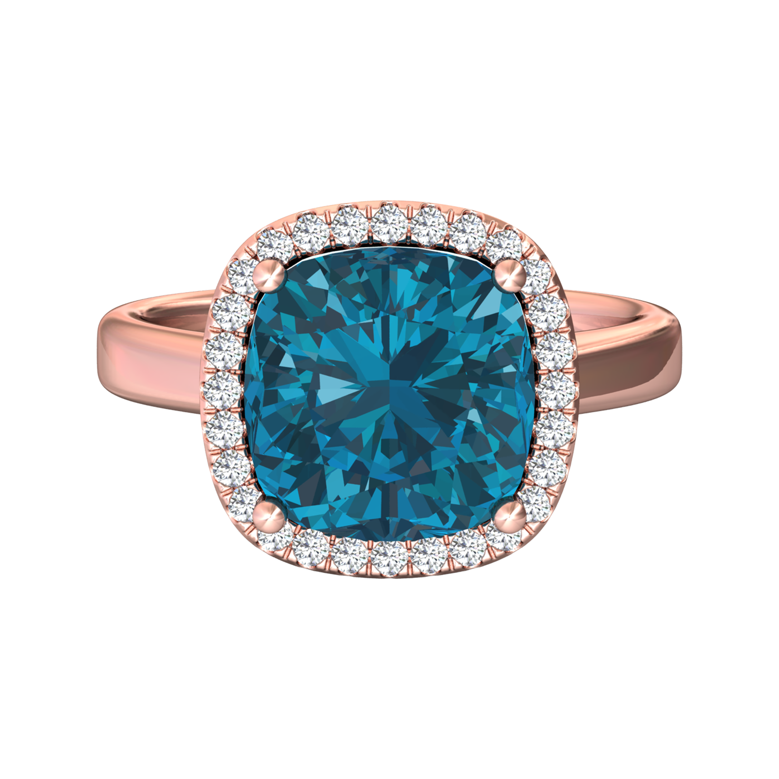 Nova cushion shaped London Blue Topaz ring with a halo of diamonds Gardiner Brothers
