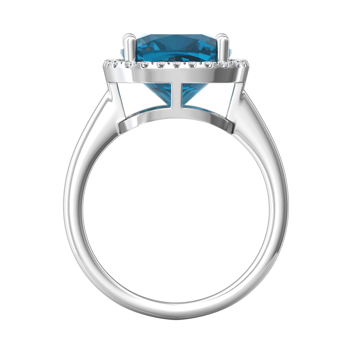Nova cushion shaped London Blue Topaz ring with a halo of diamonds Gardiner Brothers