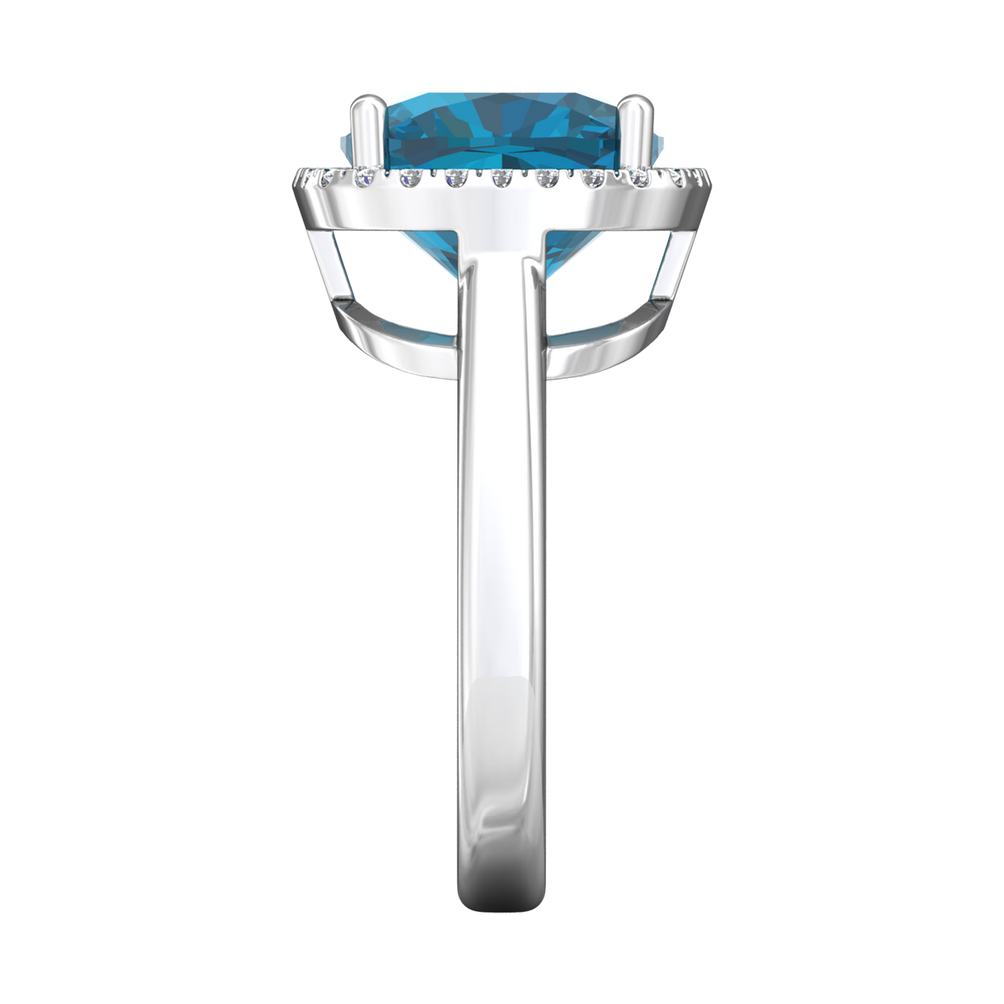 Nova cushion shaped London Blue Topaz ring with a halo of diamonds Gardiner Brothers