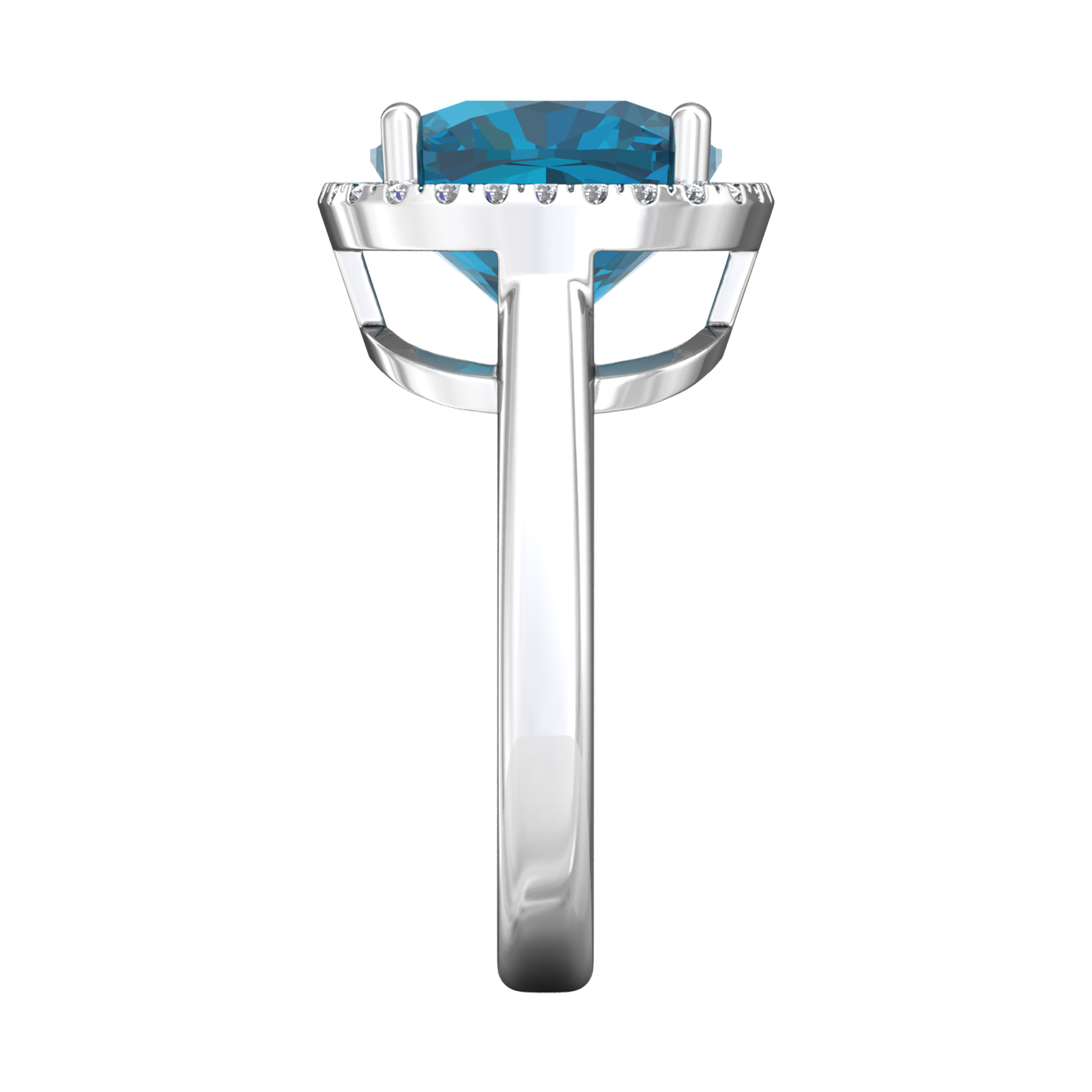Nova cushion shaped London Blue Topaz ring with a halo of diamonds Gardiner Brothers