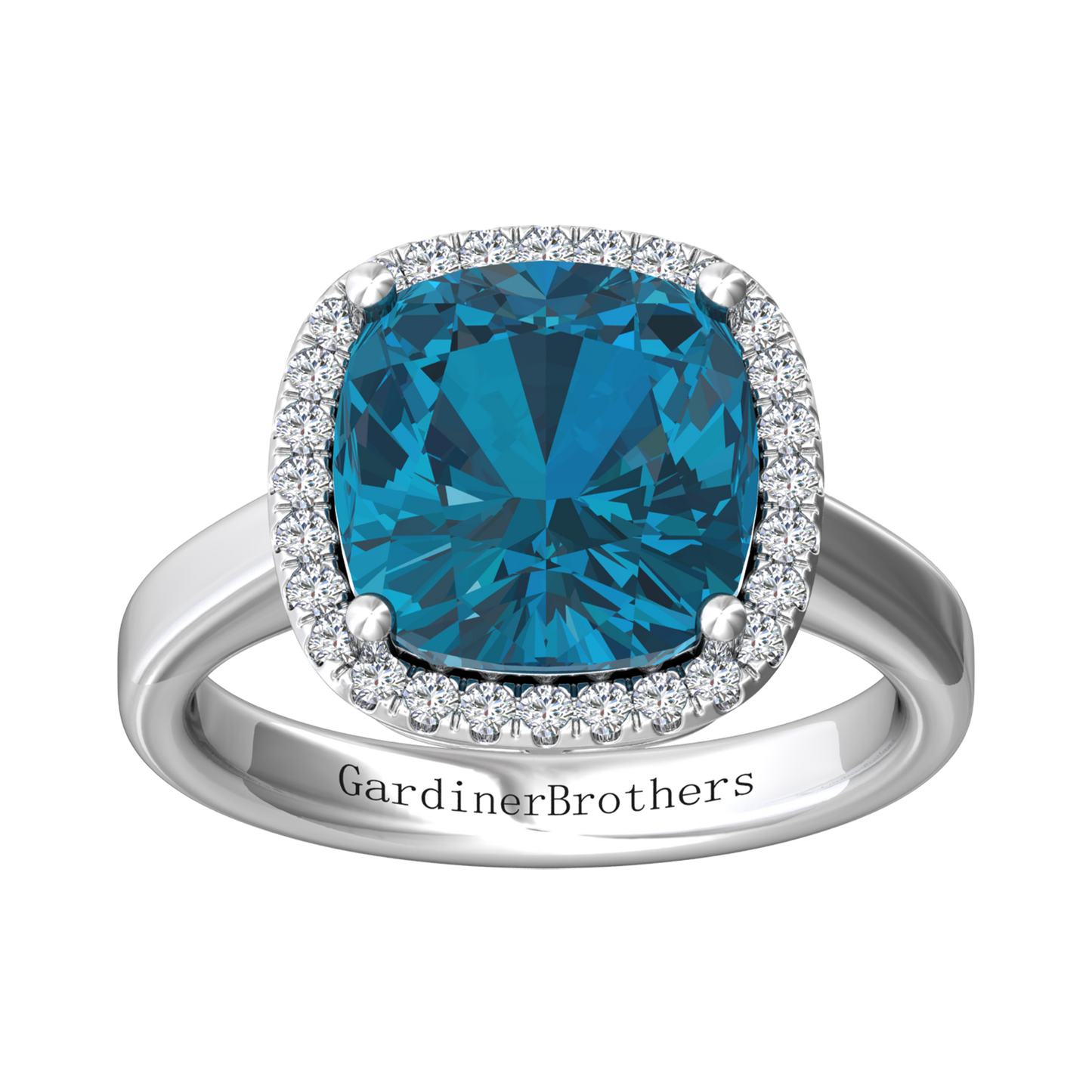 Nova cushion shaped London Blue Topaz ring with a halo of diamonds Gardiner Brothers