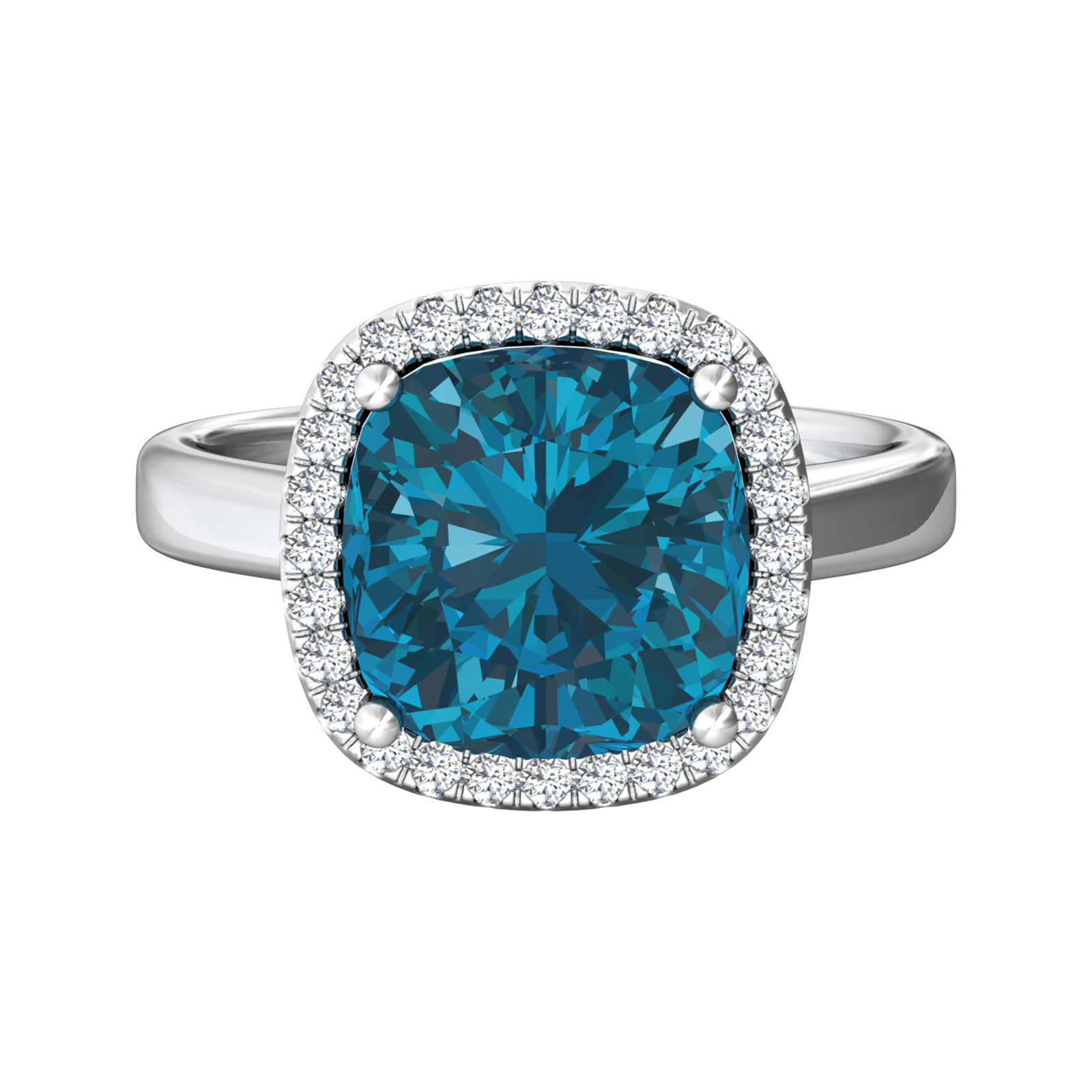 Nova cushion shaped London Blue Topaz ring with a halo of diamonds Gardiner Brothers