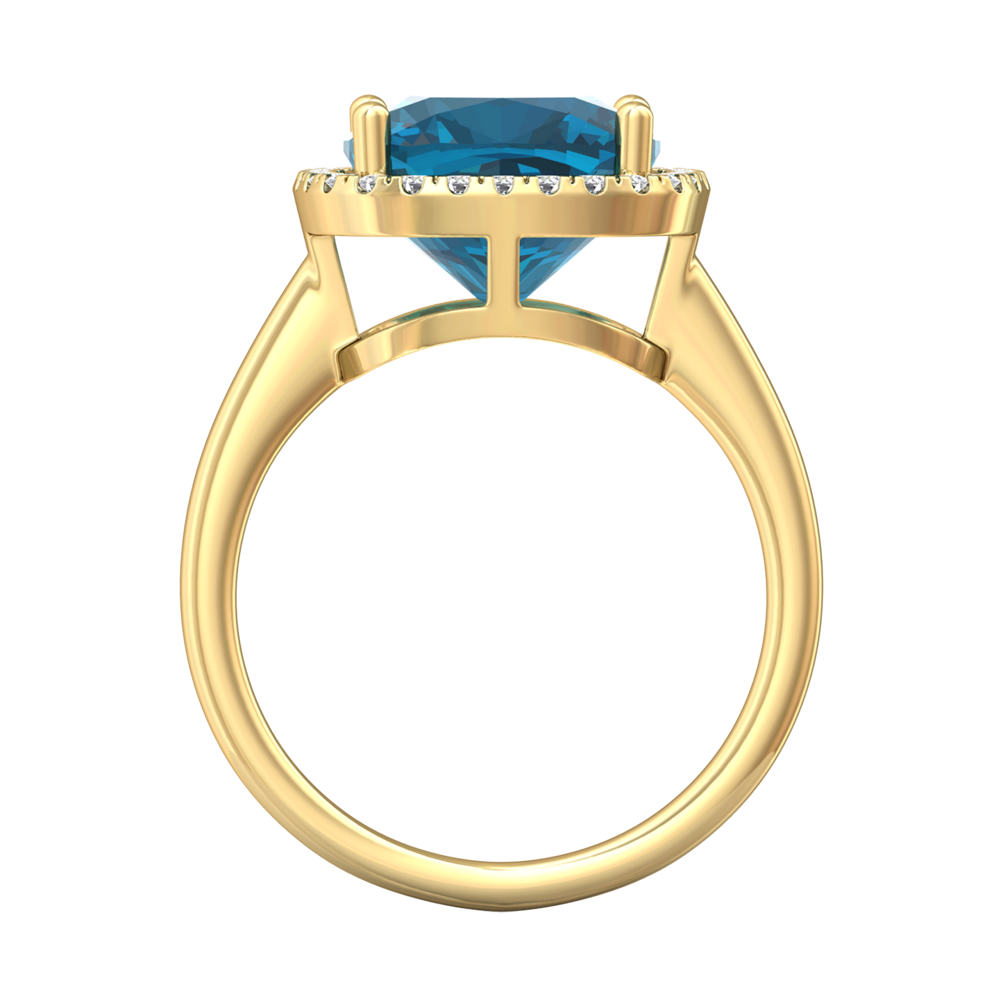 Nova cushion shaped London Blue Topaz ring with a halo of diamonds Gardiner Brothers