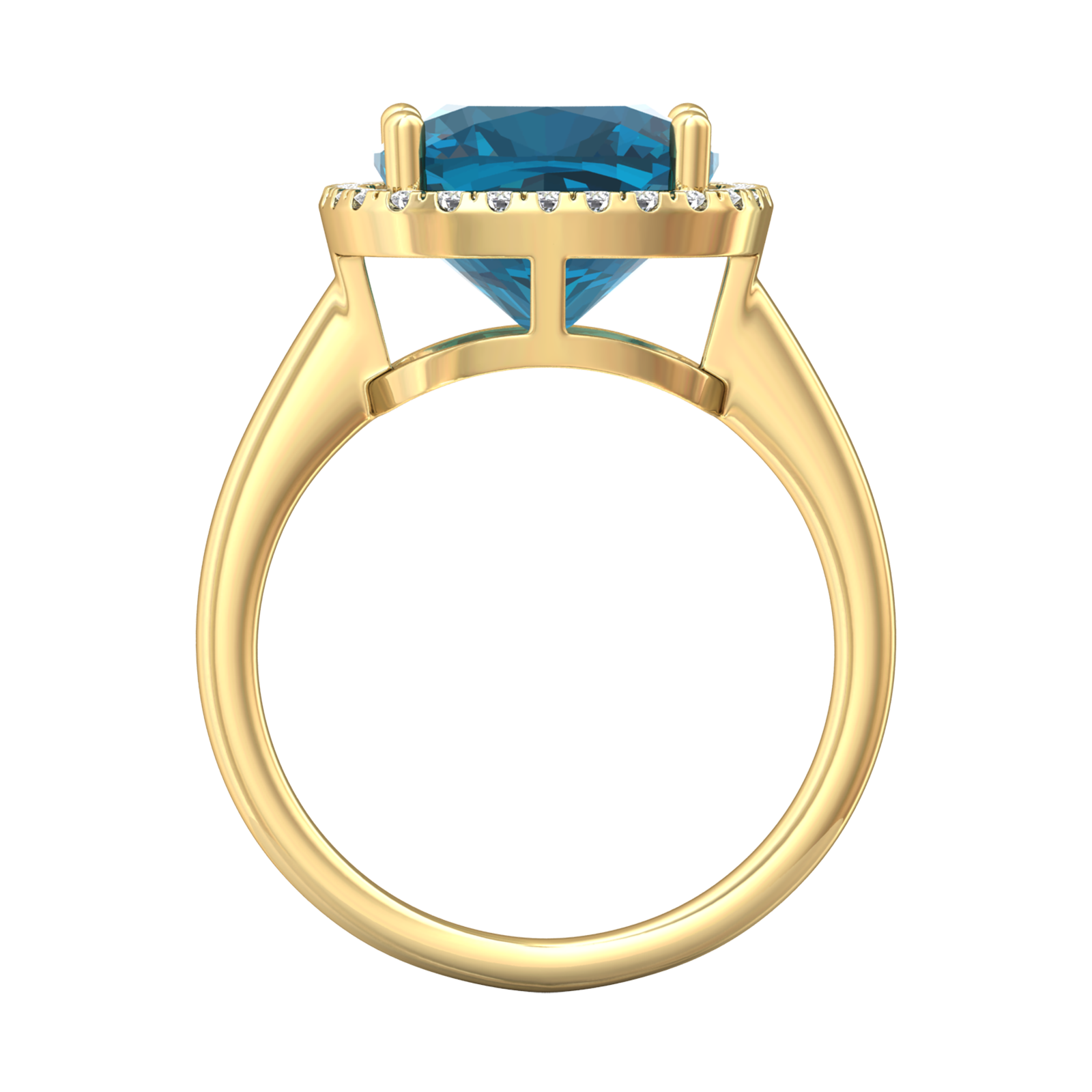 Nova cushion shaped London Blue Topaz ring with a halo of diamonds Gardiner Brothers
