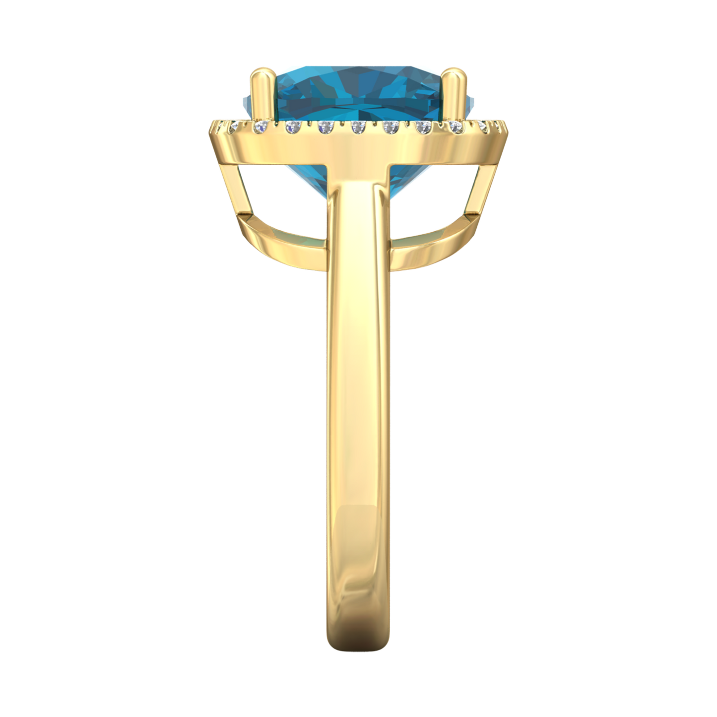 Nova cushion shaped London Blue Topaz ring with a halo of diamonds Gardiner Brothers