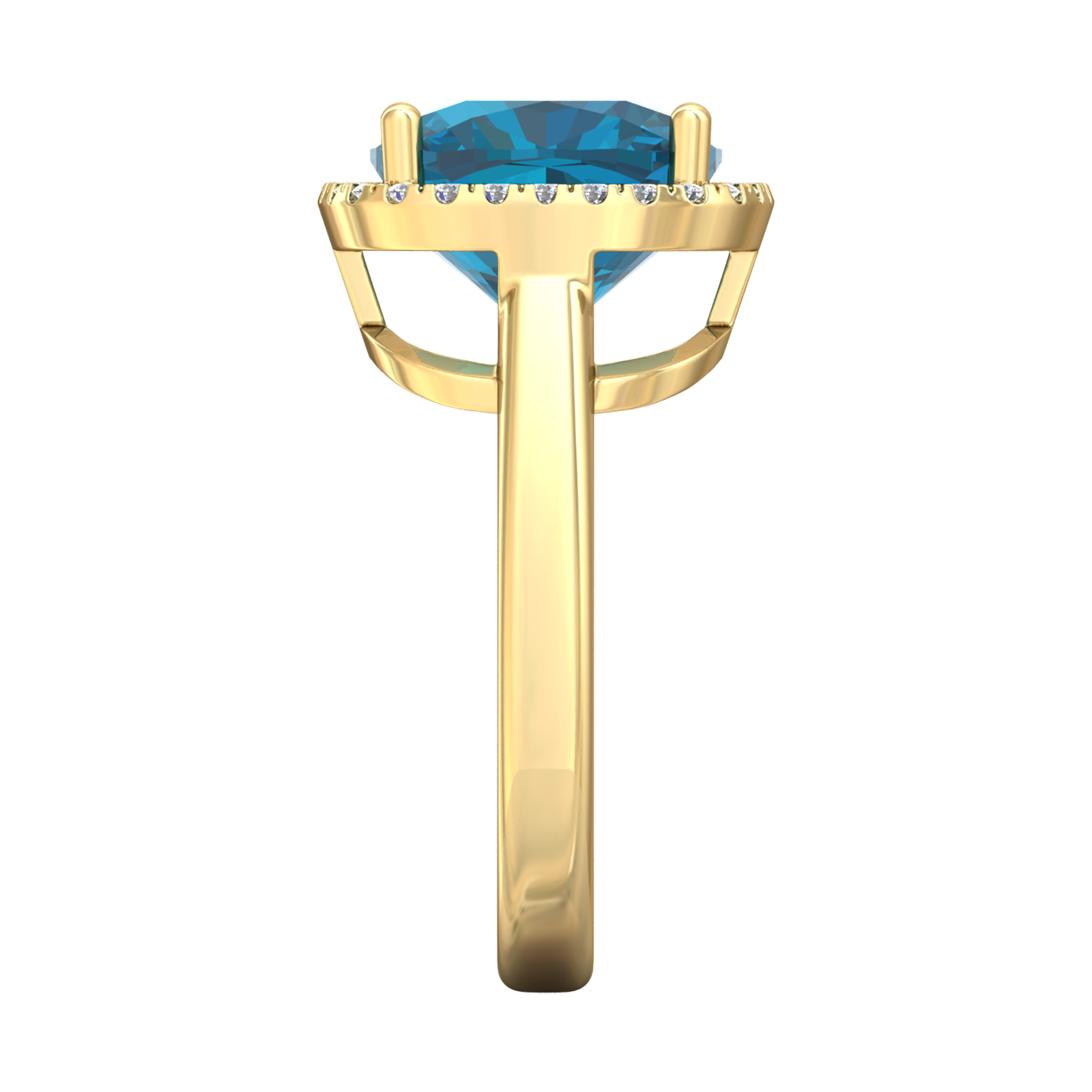 Nova cushion shaped London Blue Topaz ring with a halo of diamonds Gardiner Brothers