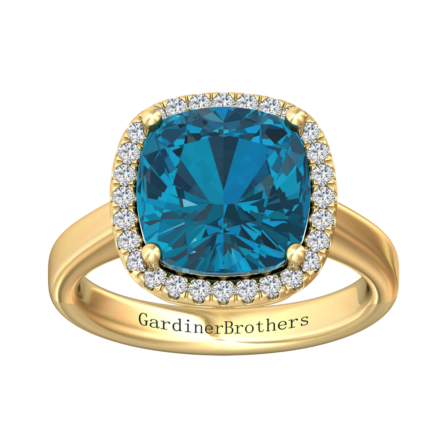 Nova cushion shaped London Blue Topaz ring with a halo of diamonds Gardiner Brothers