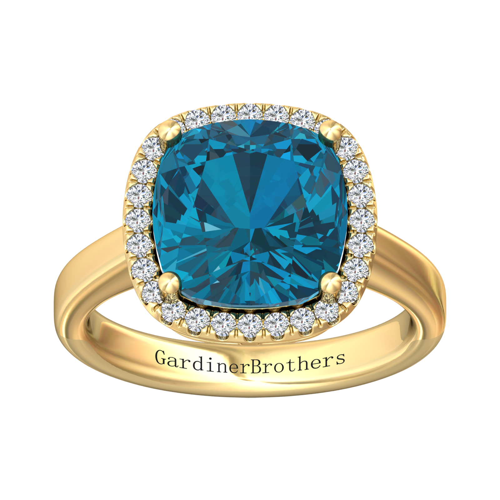 Nova cushion shaped London Blue Topaz ring with a halo of diamonds Gardiner Brothers