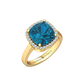 Nova cushion shaped London Blue Topaz ring with a halo of diamonds Gardiner Brothers Yellow Gold