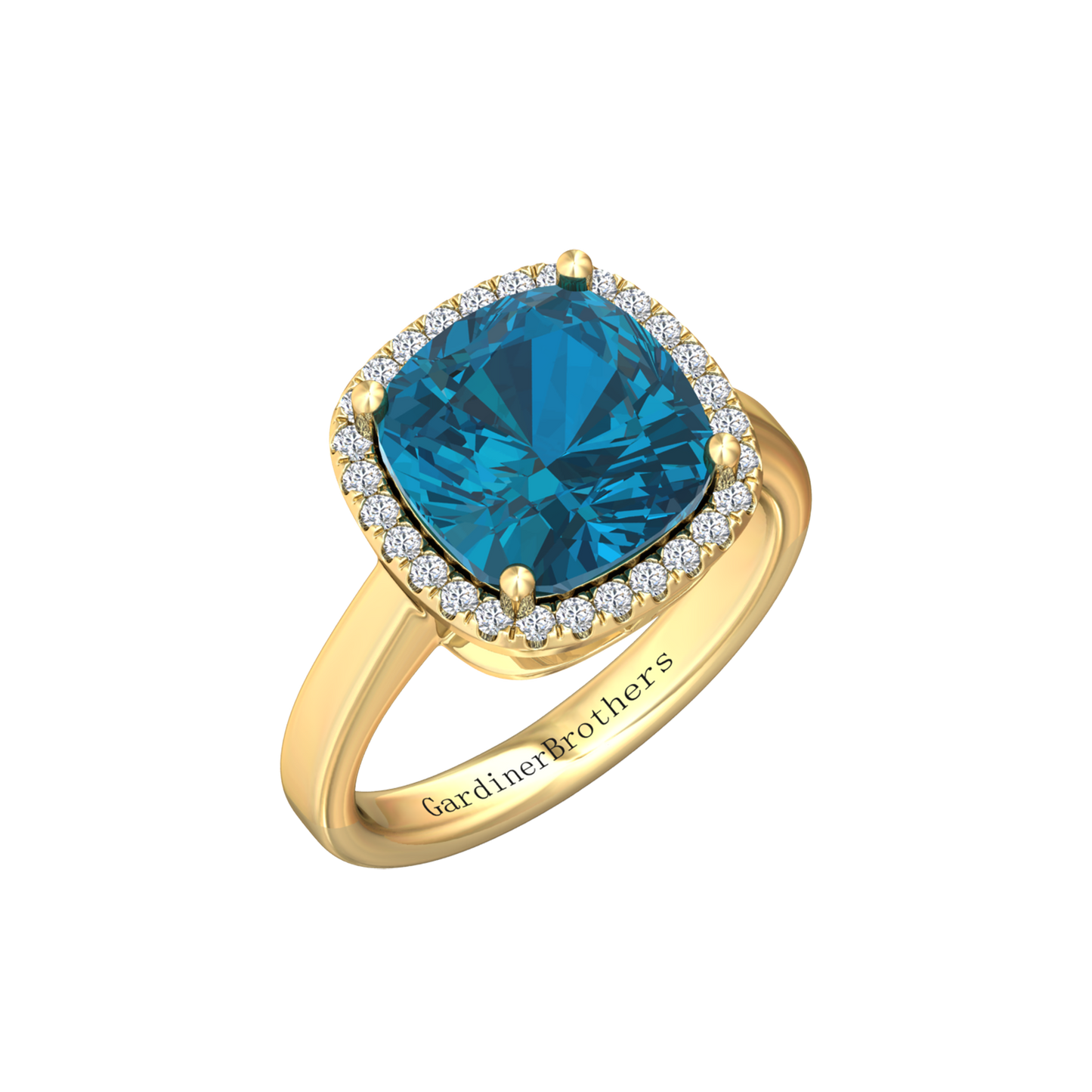Nova cushion shaped London Blue Topaz ring with a halo of diamonds Gardiner Brothers Yellow Gold