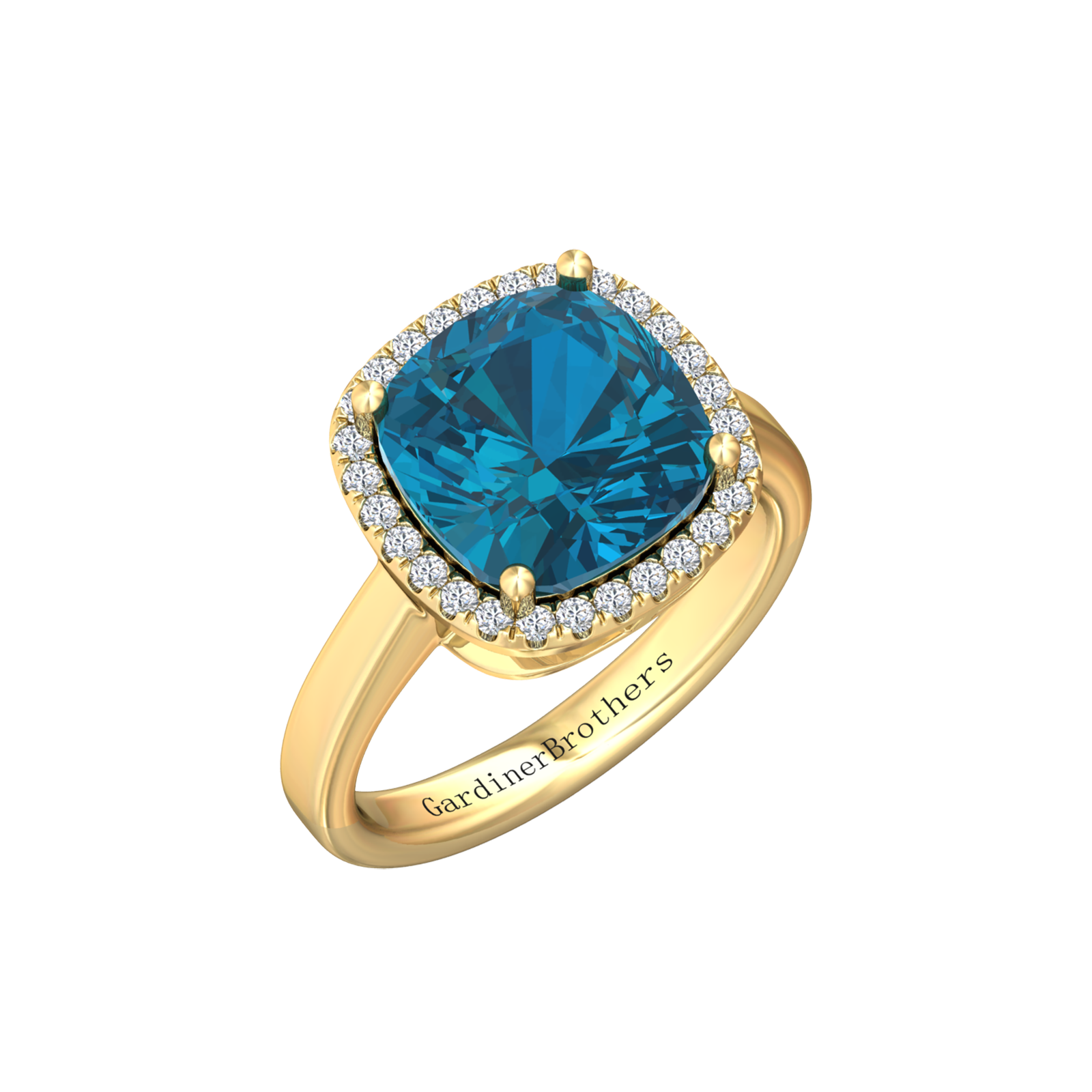 Nova cushion shaped London Blue Topaz ring with a halo of diamonds Gardiner Brothers Yellow Gold