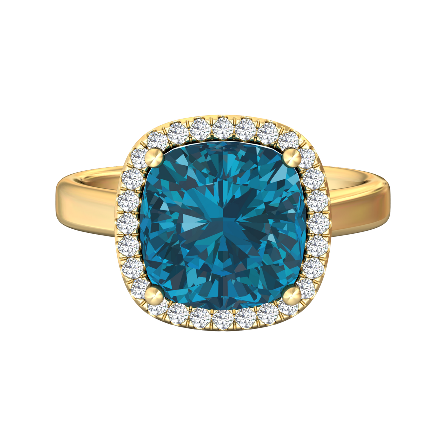 Nova cushion shaped London Blue Topaz ring with a halo of diamonds Gardiner Brothers
