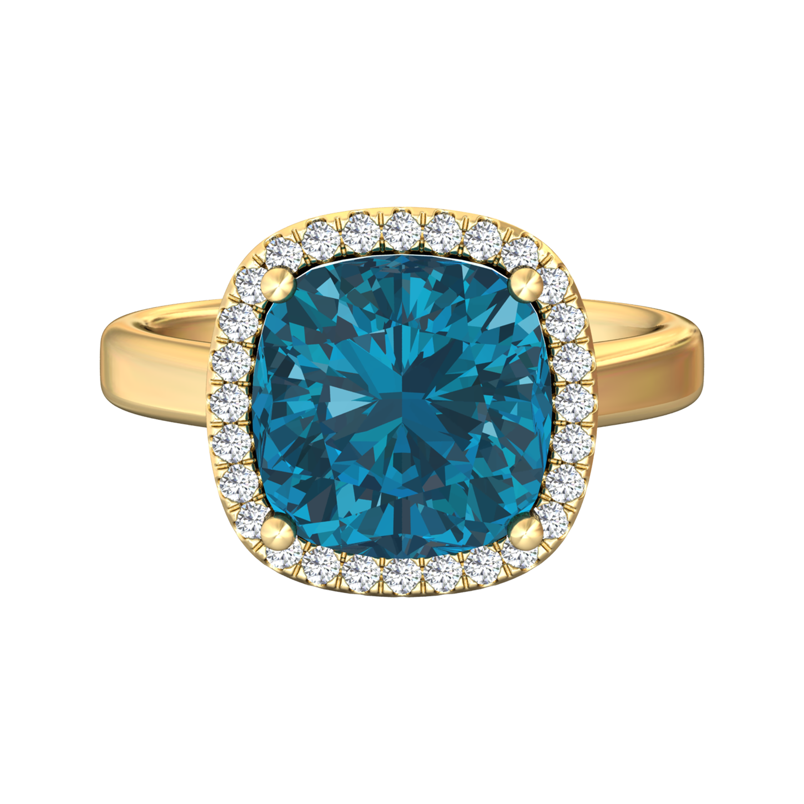 Nova cushion shaped London Blue Topaz ring with a halo of diamonds Gardiner Brothers