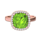 Nova cushion shaped Peridot ring with a halo of diamonds Gardiner Brothers