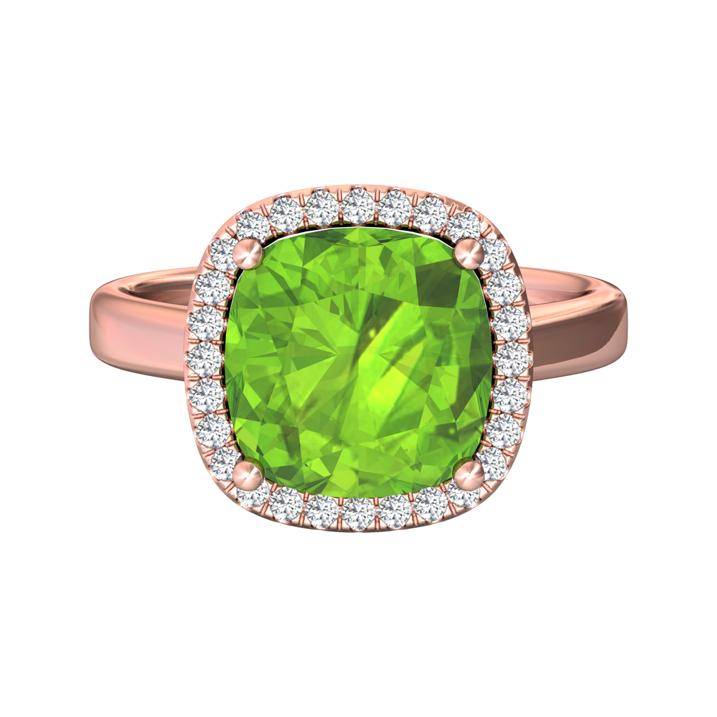 Nova cushion shaped Peridot ring with a halo of diamonds Gardiner Brothers