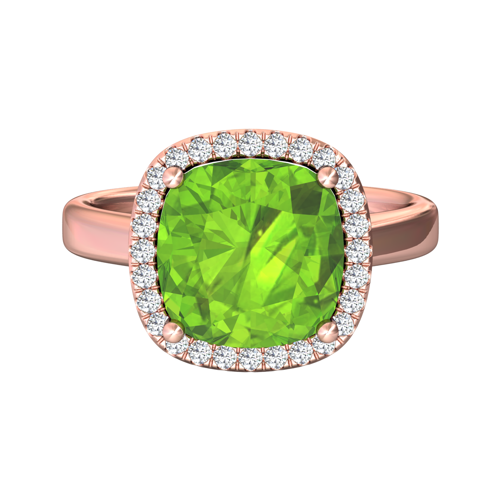 Nova cushion shaped Peridot ring with a halo of diamonds Gardiner Brothers