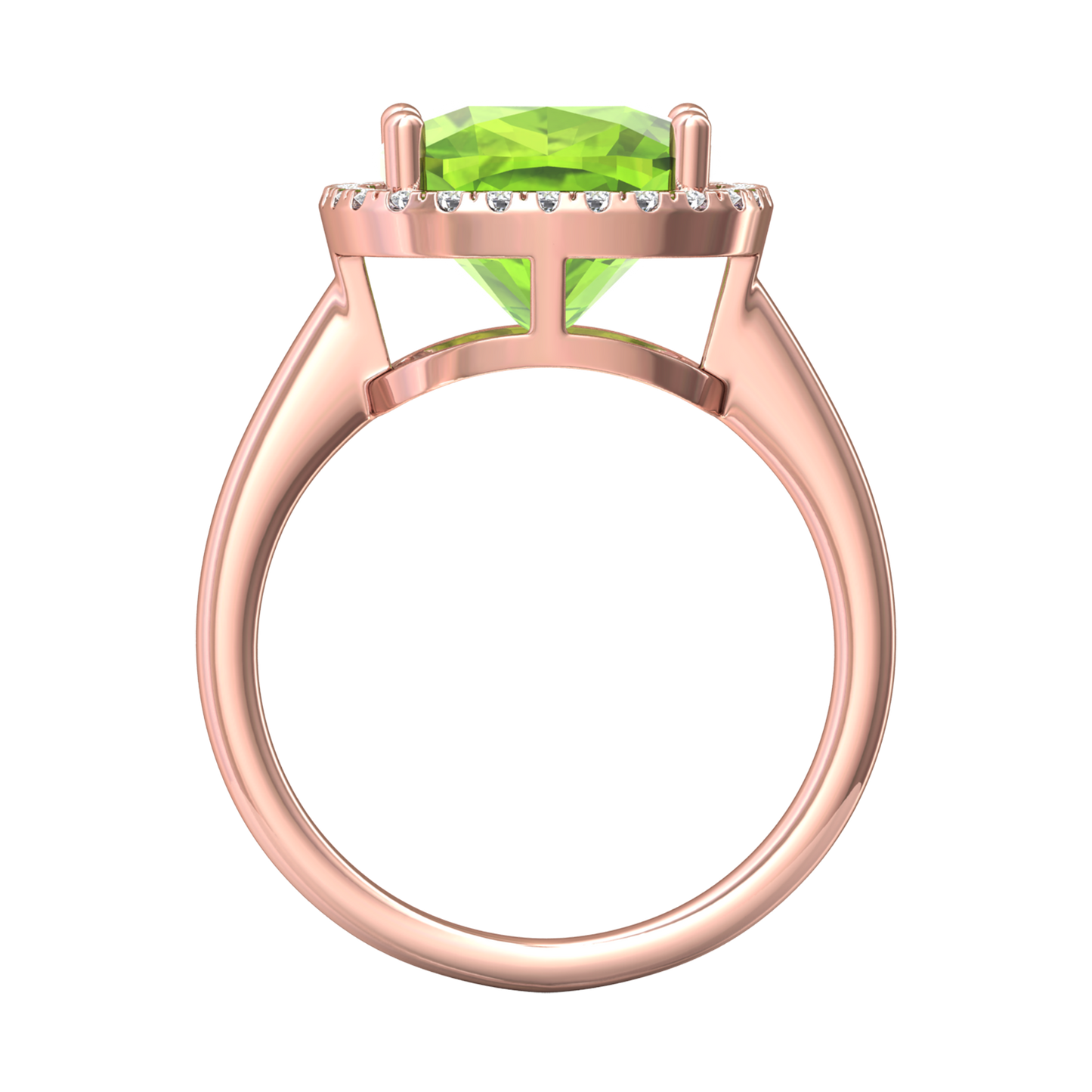 Nova cushion shaped Peridot ring with a halo of diamonds Gardiner Brothers