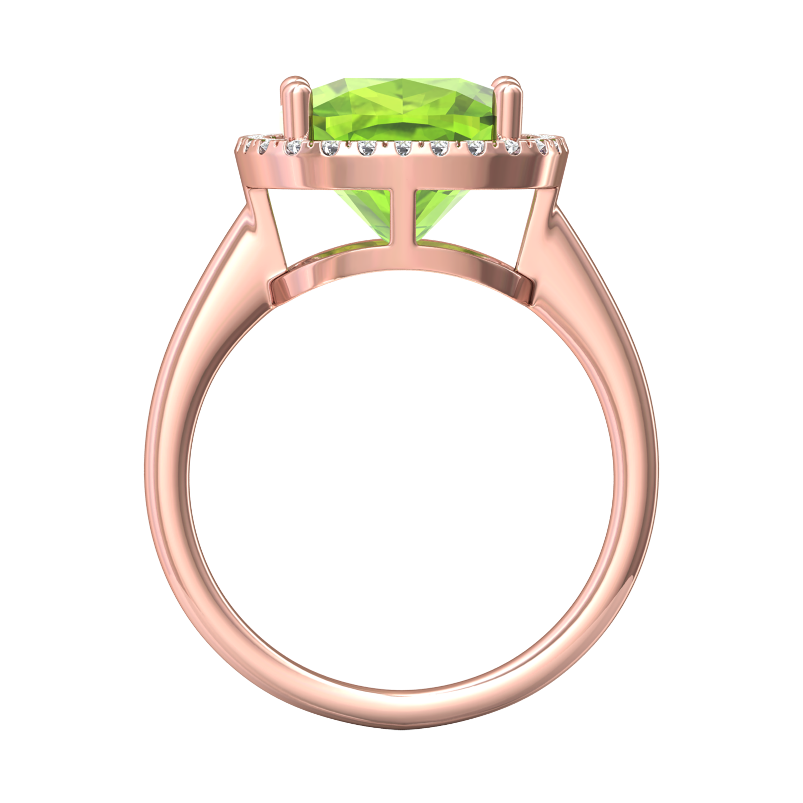Nova cushion shaped Peridot ring with a halo of diamonds Gardiner Brothers