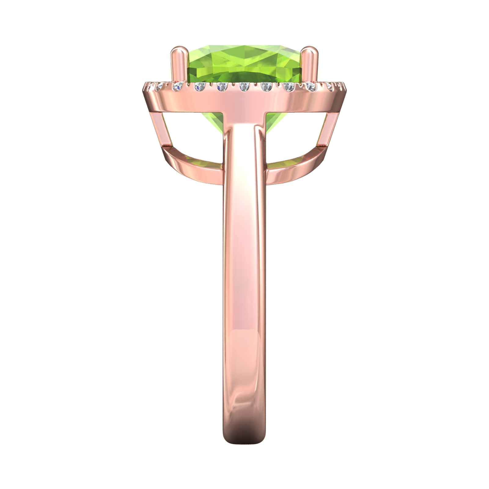 Nova cushion shaped Peridot ring with a halo of diamonds Gardiner Brothers