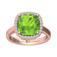 Nova cushion shaped Peridot ring with a halo of diamonds Gardiner Brothers