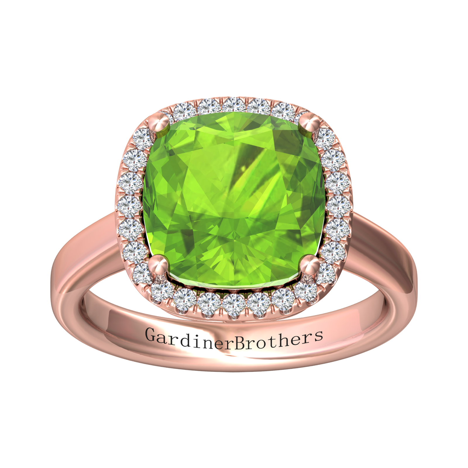 Nova cushion shaped Peridot ring with a halo of diamonds Gardiner Brothers