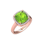 Nova cushion shaped Peridot ring with a halo of diamonds Gardiner Brothers Rose Gold