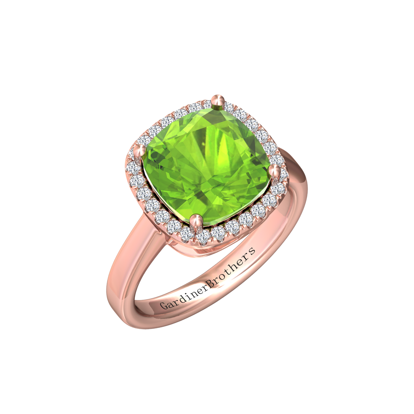 Nova cushion shaped Peridot ring with a halo of diamonds Gardiner Brothers Rose Gold