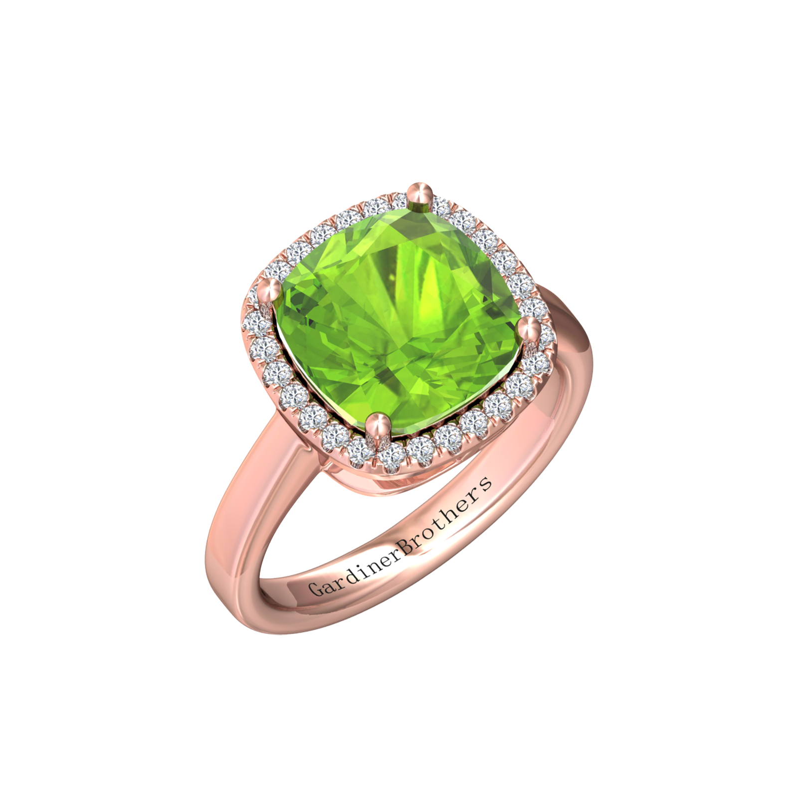 Nova cushion shaped Peridot ring with a halo of diamonds Gardiner Brothers Rose Gold