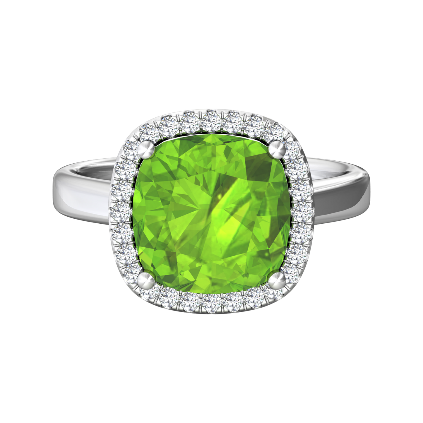 Nova cushion shaped Peridot ring with a halo of diamonds Gardiner Brothers
