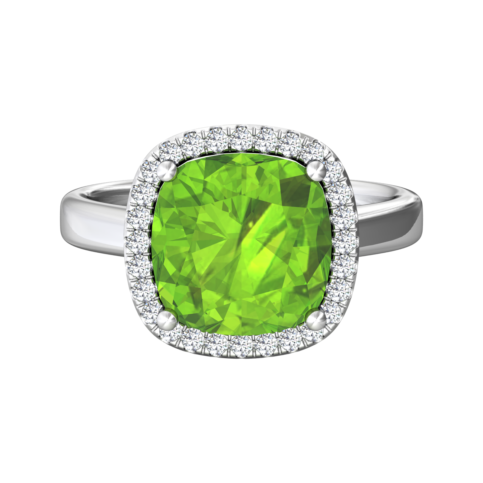Nova cushion shaped Peridot ring with a halo of diamonds Gardiner Brothers
