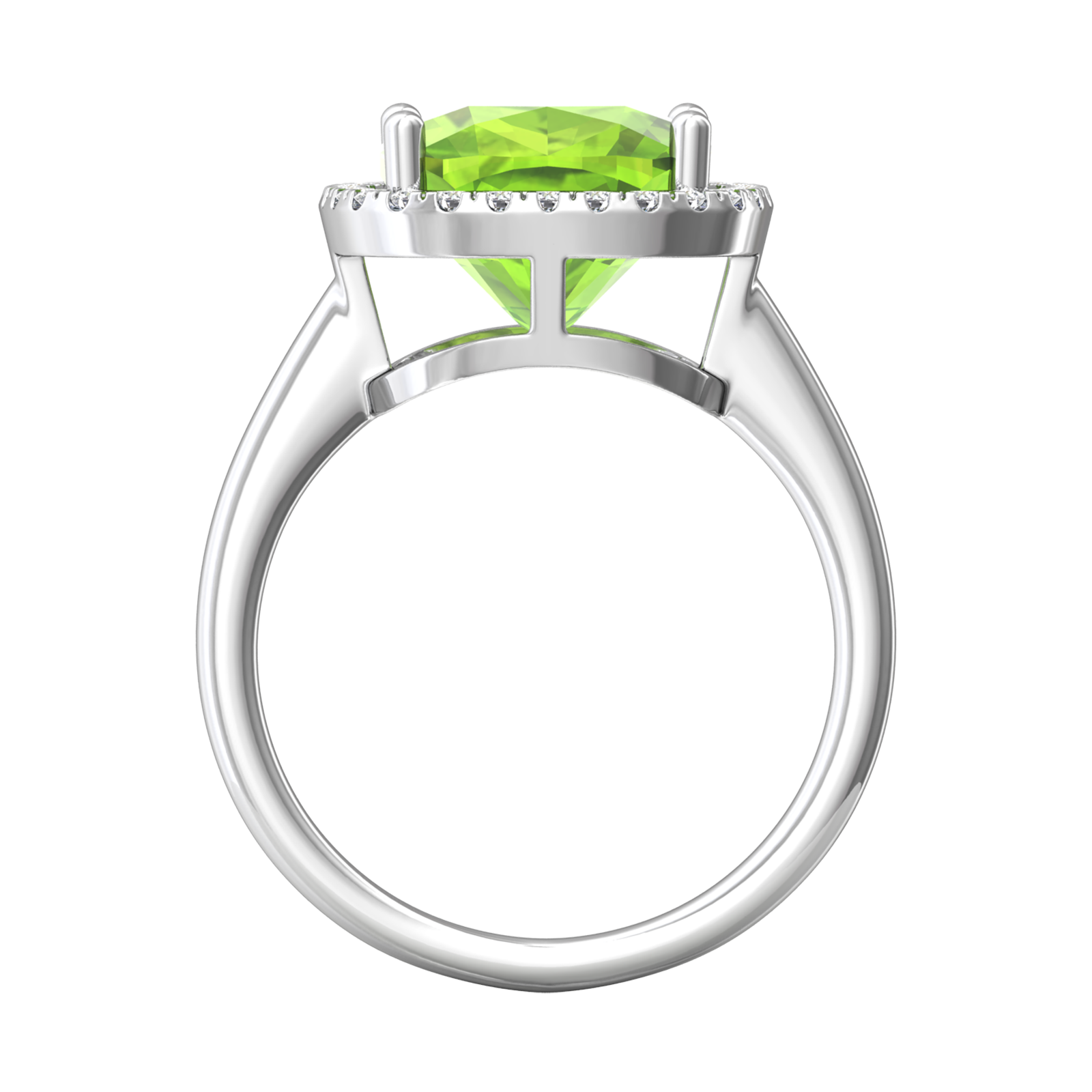 Nova cushion shaped Peridot ring with a halo of diamonds Gardiner Brothers