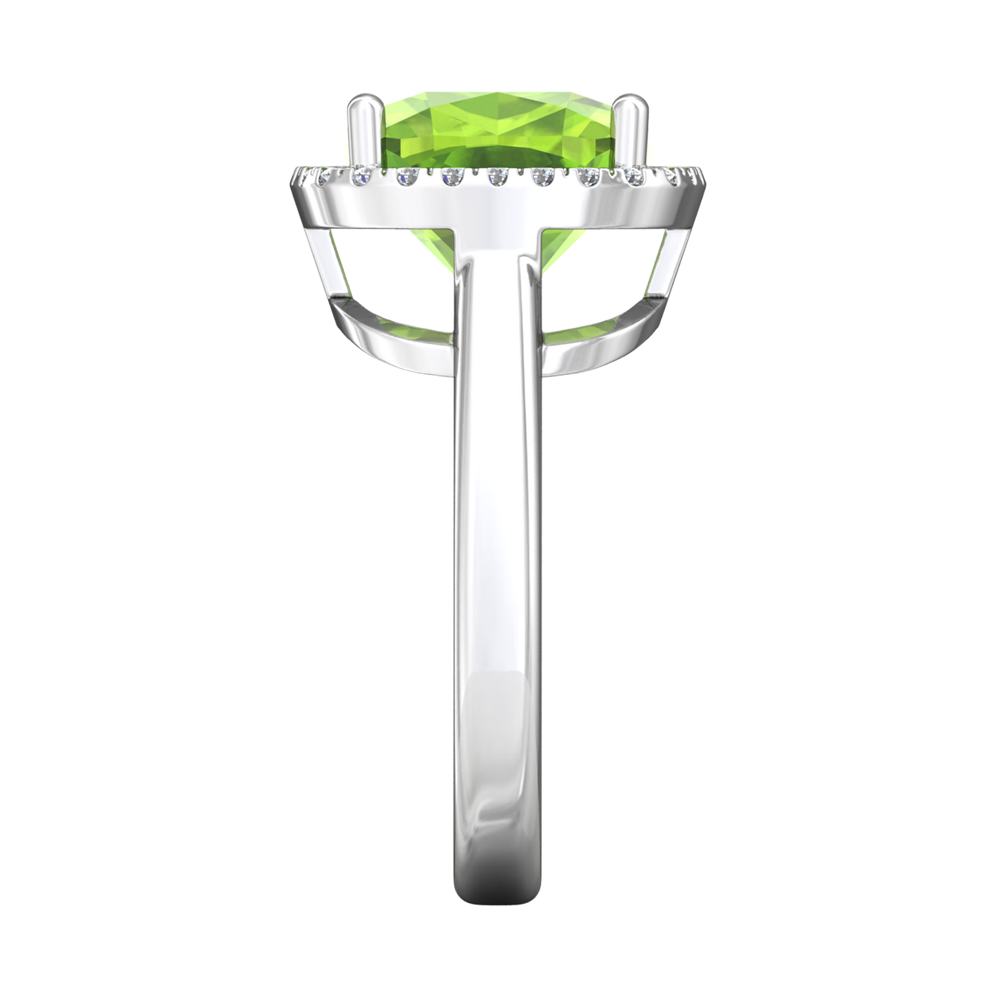 Nova cushion shaped Peridot ring with a halo of diamonds Gardiner Brothers