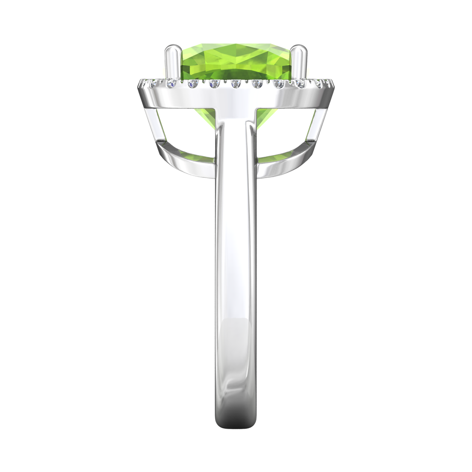 Nova cushion shaped Peridot ring with a halo of diamonds Gardiner Brothers