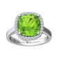 Nova cushion shaped Peridot ring with a halo of diamonds Gardiner Brothers