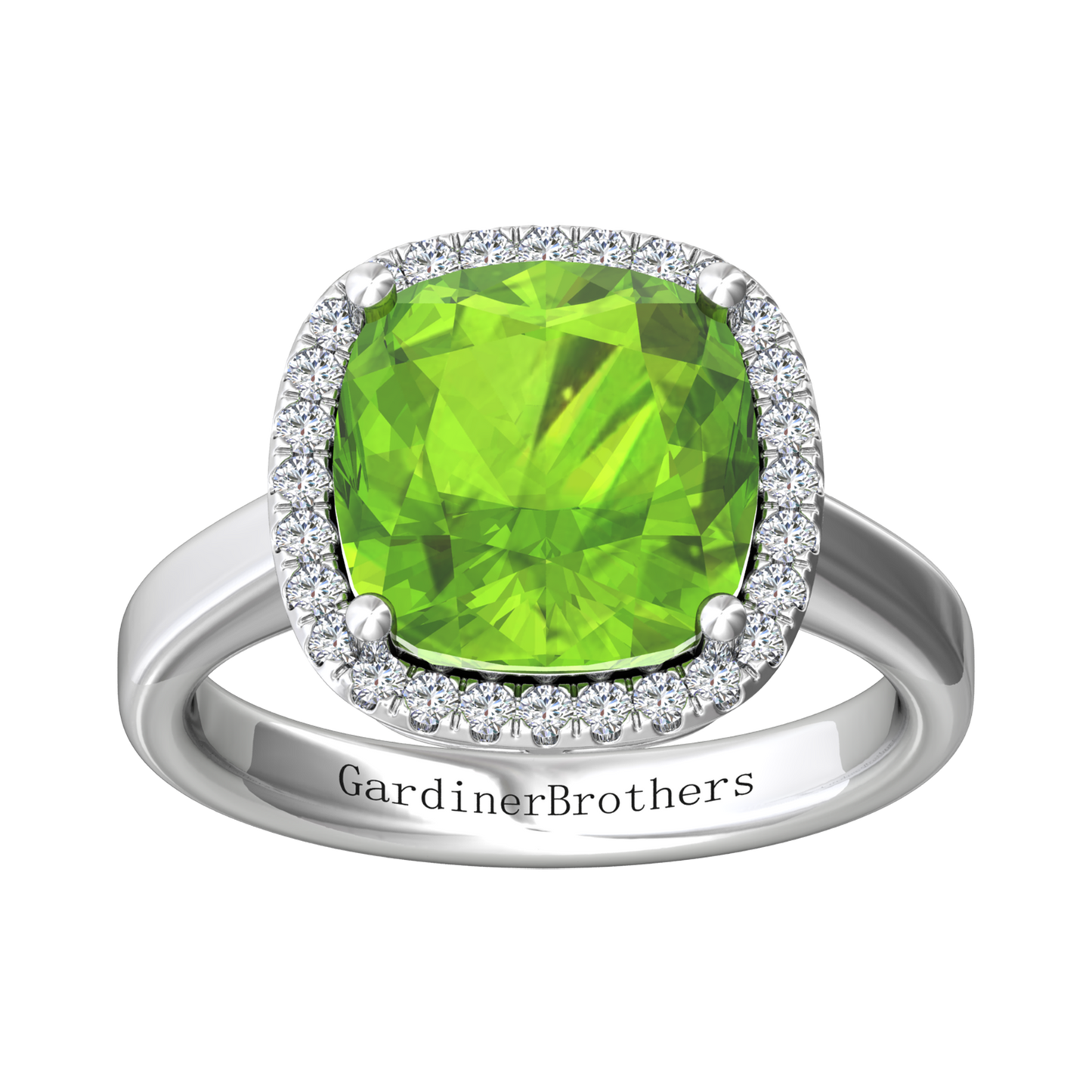 Nova cushion shaped Peridot ring with a halo of diamonds Gardiner Brothers