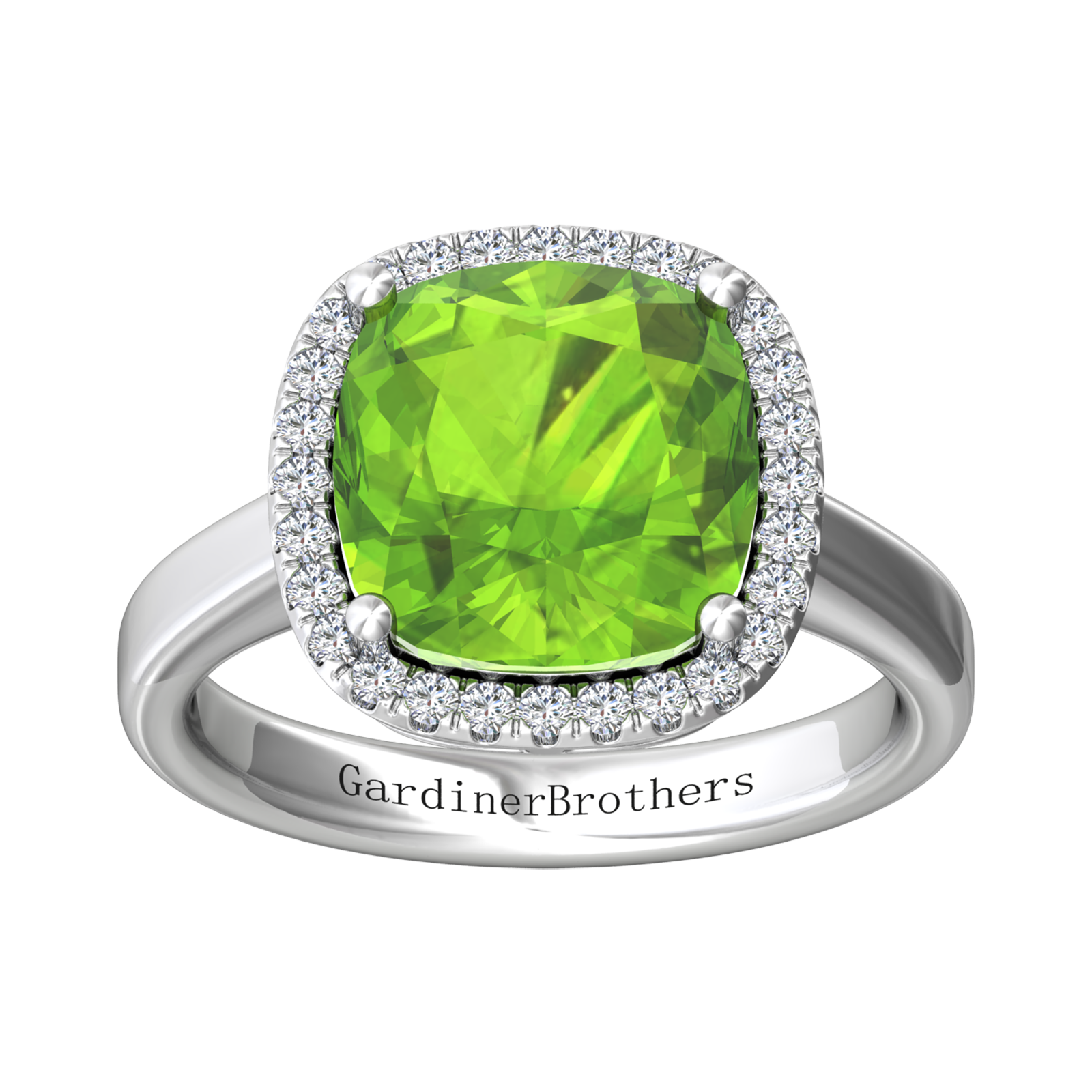 Nova cushion shaped Peridot ring with a halo of diamonds Gardiner Brothers