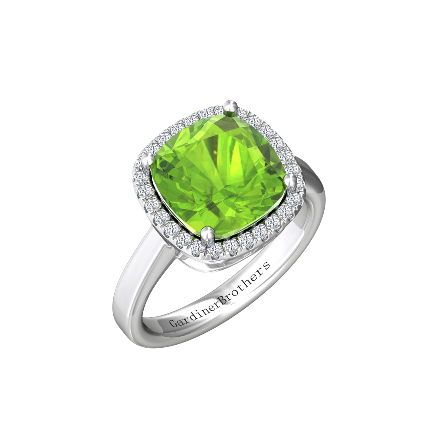 Nova cushion shaped Peridot ring with a halo of diamonds Gardiner Brothers White gold