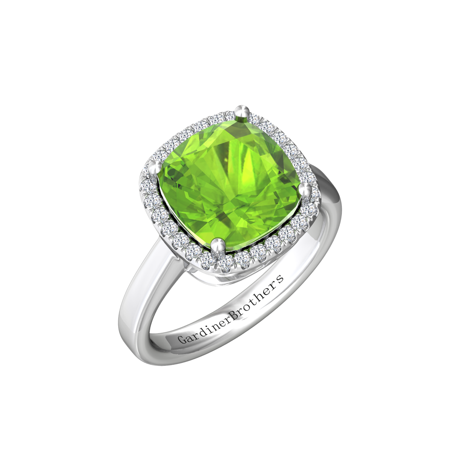 Nova cushion shaped Peridot ring with a halo of diamonds Gardiner Brothers White gold