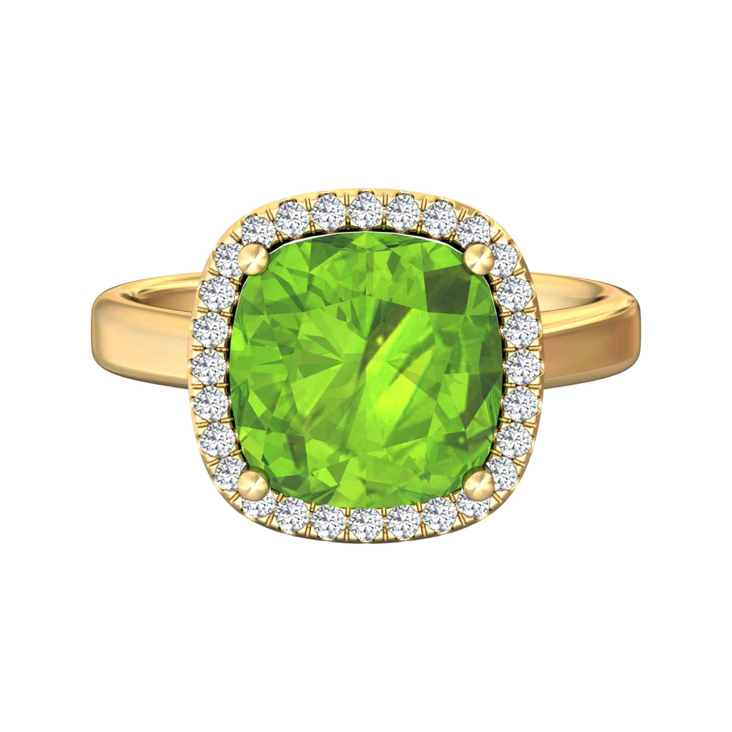 Nova cushion shaped Peridot ring with a halo of diamonds Gardiner Brothers