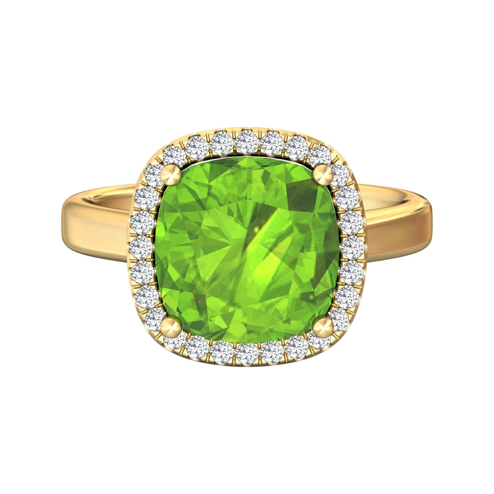 Nova cushion shaped Peridot ring with a halo of diamonds Gardiner Brothers