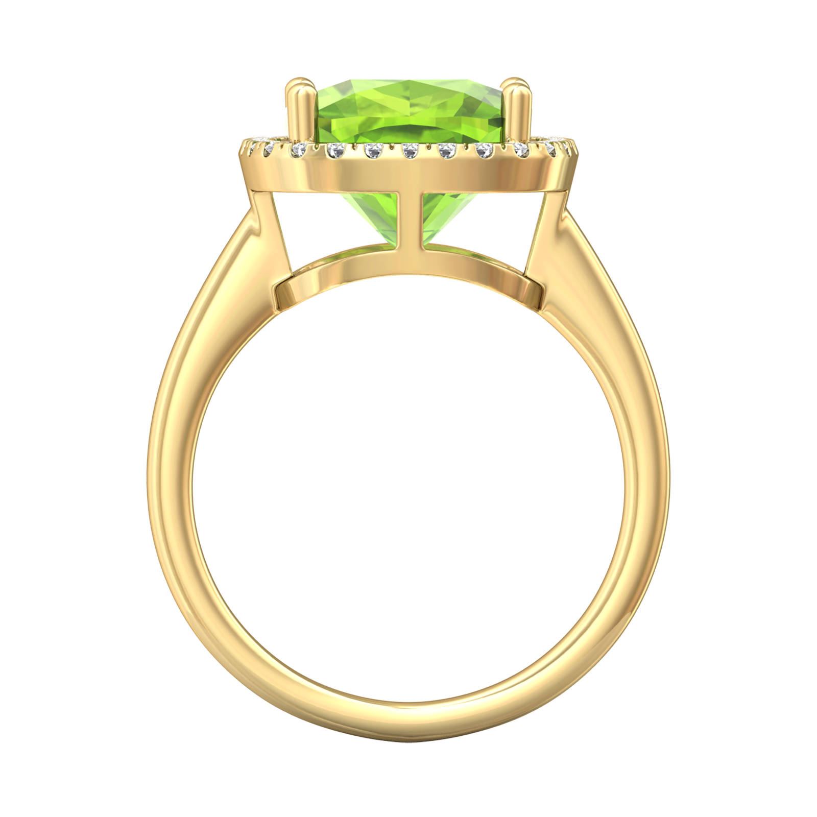 Nova cushion shaped Peridot ring with a halo of diamonds Gardiner Brothers
