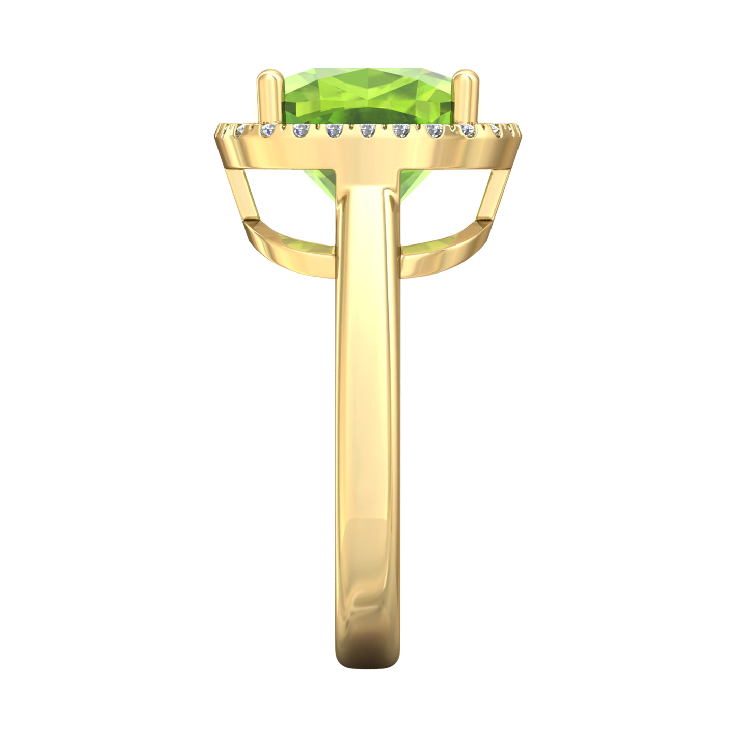 Nova cushion shaped Peridot ring with a halo of diamonds Gardiner Brothers