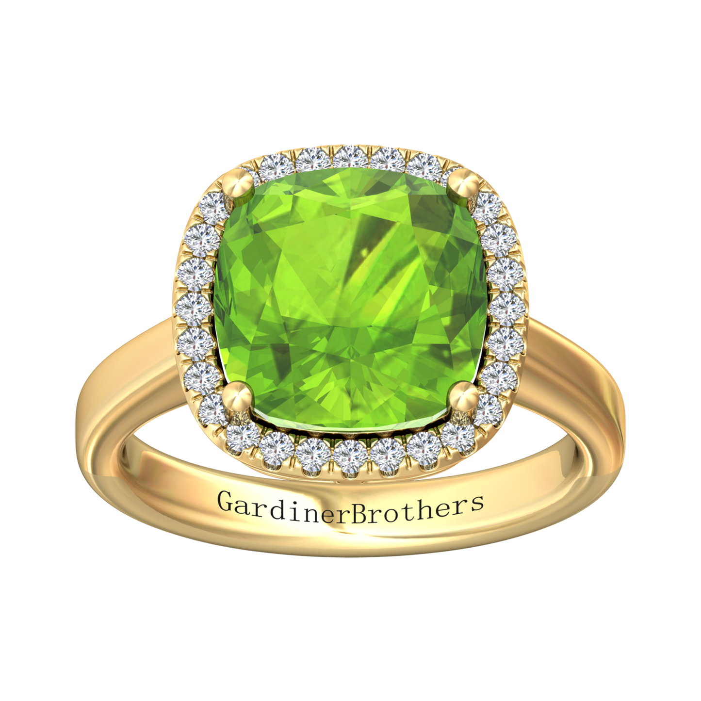 Nova cushion shaped Peridot ring with a halo of diamonds Gardiner Brothers