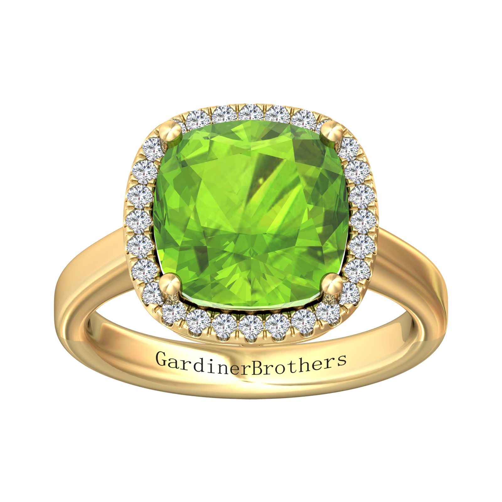 Nova cushion shaped Peridot ring with a halo of diamonds Gardiner Brothers