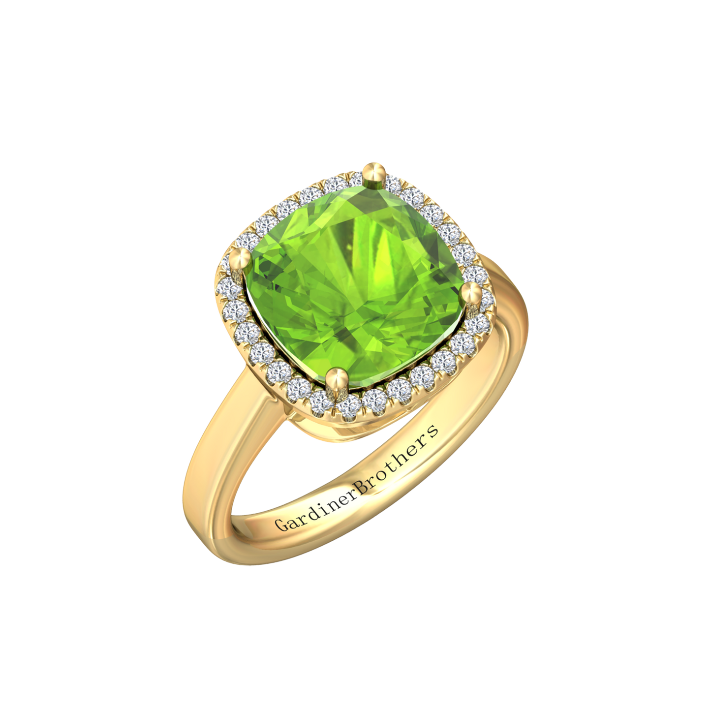 Nova cushion shaped Peridot ring with a halo of diamonds Gardiner Brothers Yellow Gold