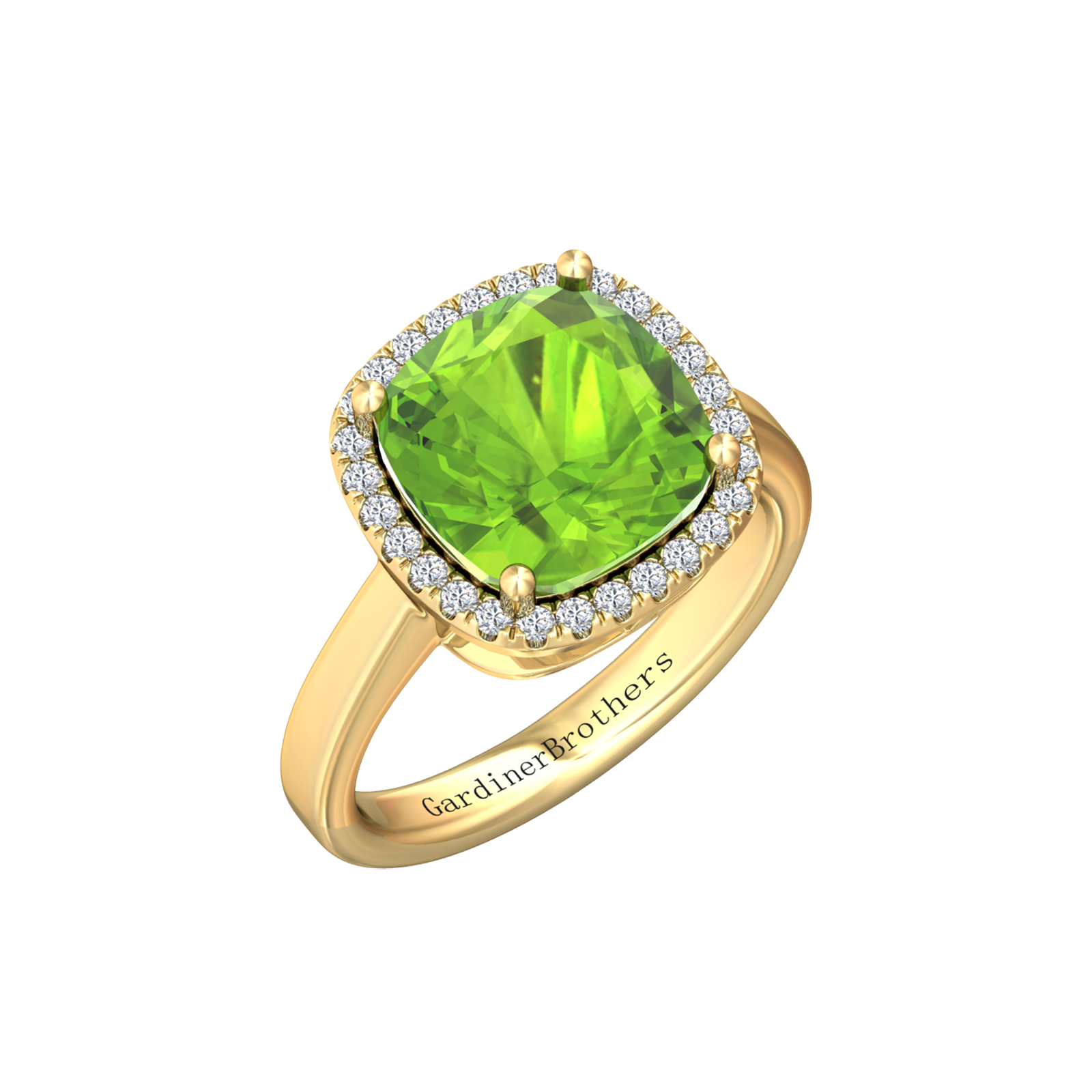 Nova cushion shaped Peridot ring with a halo of diamonds Gardiner Brothers Yellow Gold