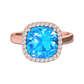 Nova cushion shaped Swiss Blue Topaz ring with a halo of diamonds Gardiner Brothers